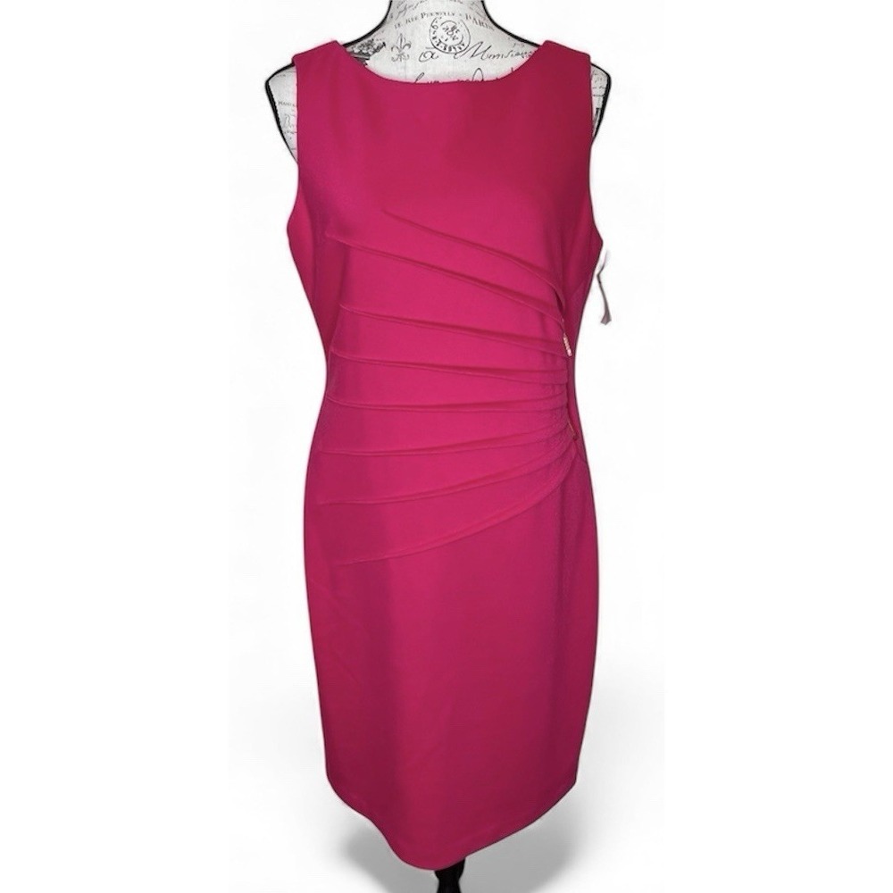 Ivanka Trump Sleeveless Sheath Dress Pleated Detail Gold Zipper‎ Hot Pink 12 NWT